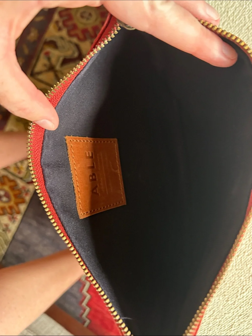 Able Red Leather Zip Pouch with Tan Center Stripe